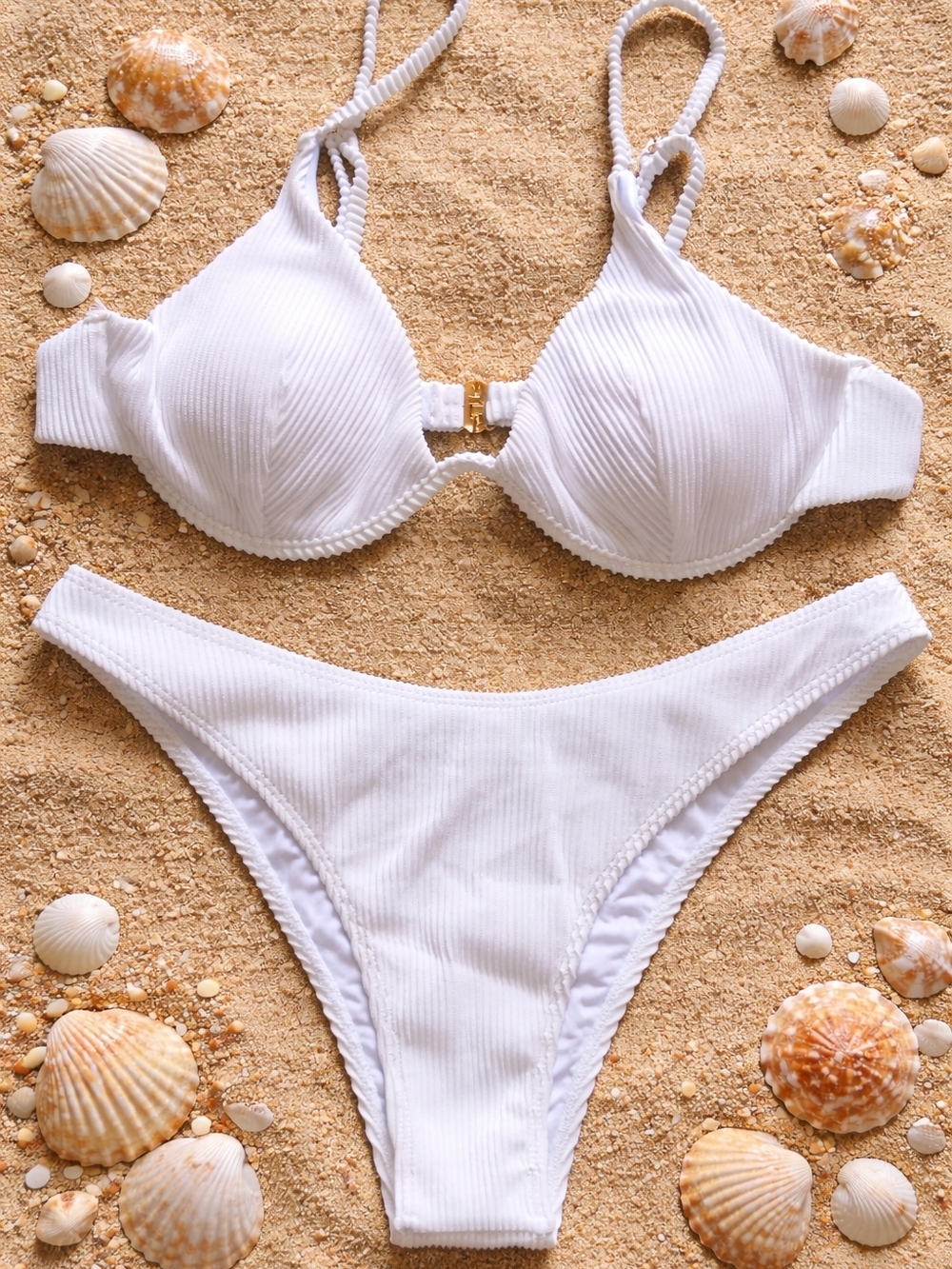 White Ribbed Underwire Bikini Set - Women Swim